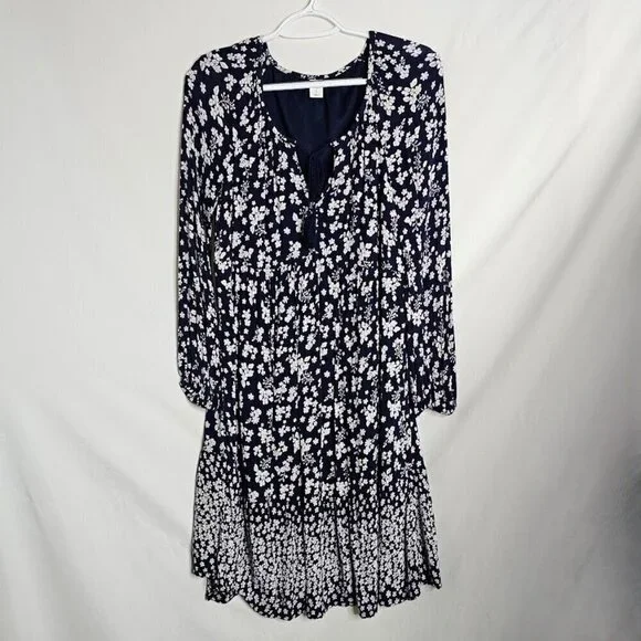 OLD NAVY Long Sleeve Dress size S NAVY BLUE & WHITE Floral Boho Peasant Casual - Picture 2 of 7